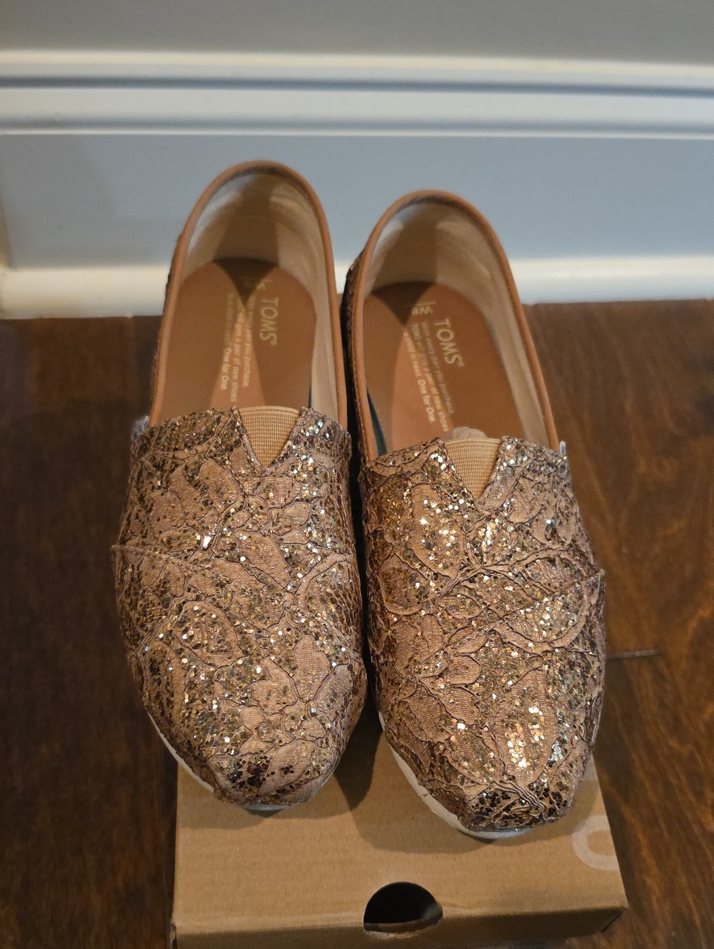 TOMS Women’s Glitter Lace Slip-Ons in Rose